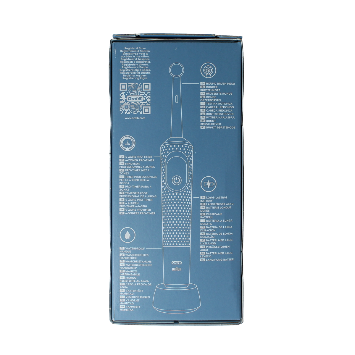Oral B Vitality Pro purple electric toothbrush with white handle, shown on a clean white background.