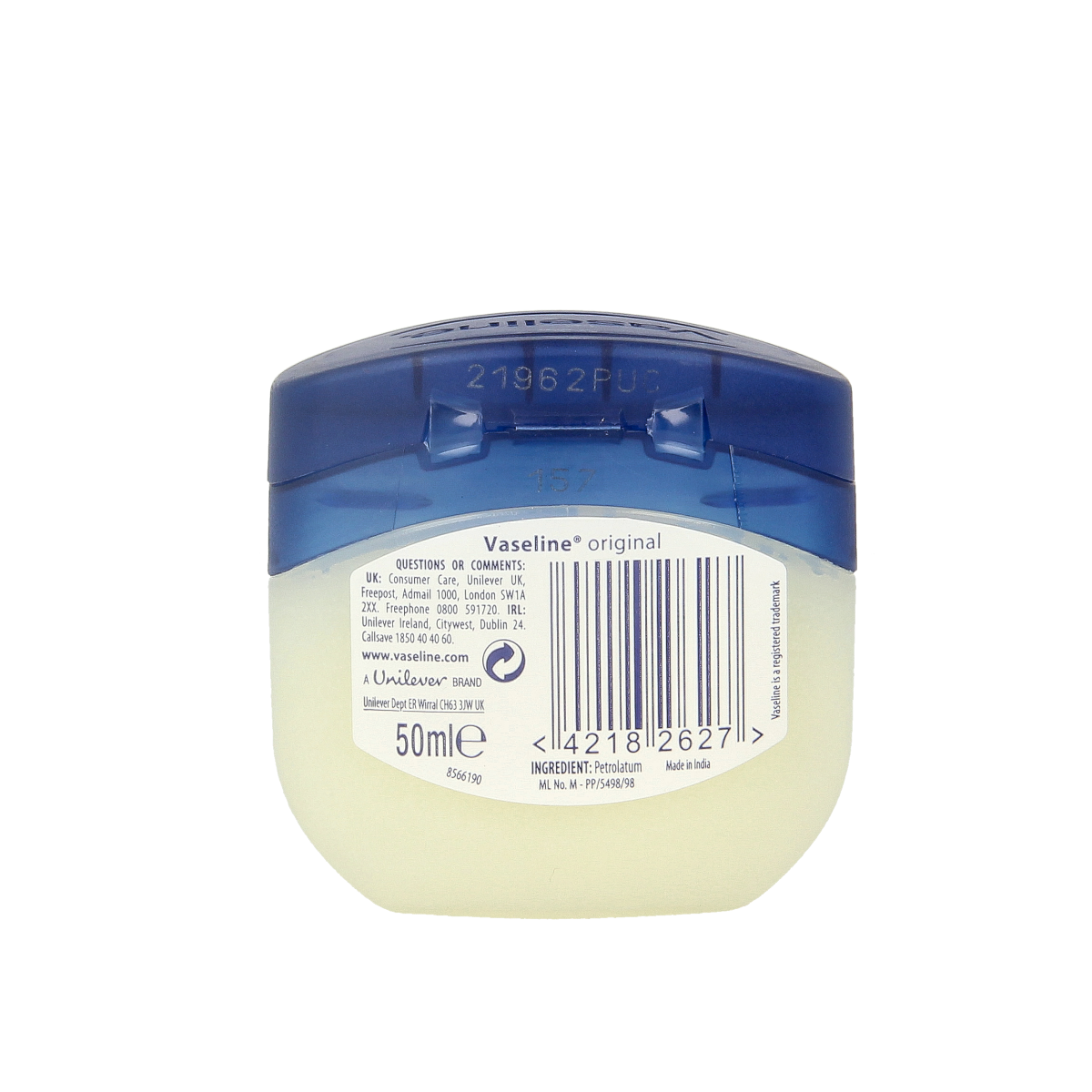 Vaseline Petroleum Jelly Original Mini 50ml container, suitable for body care and skin moisturizing.