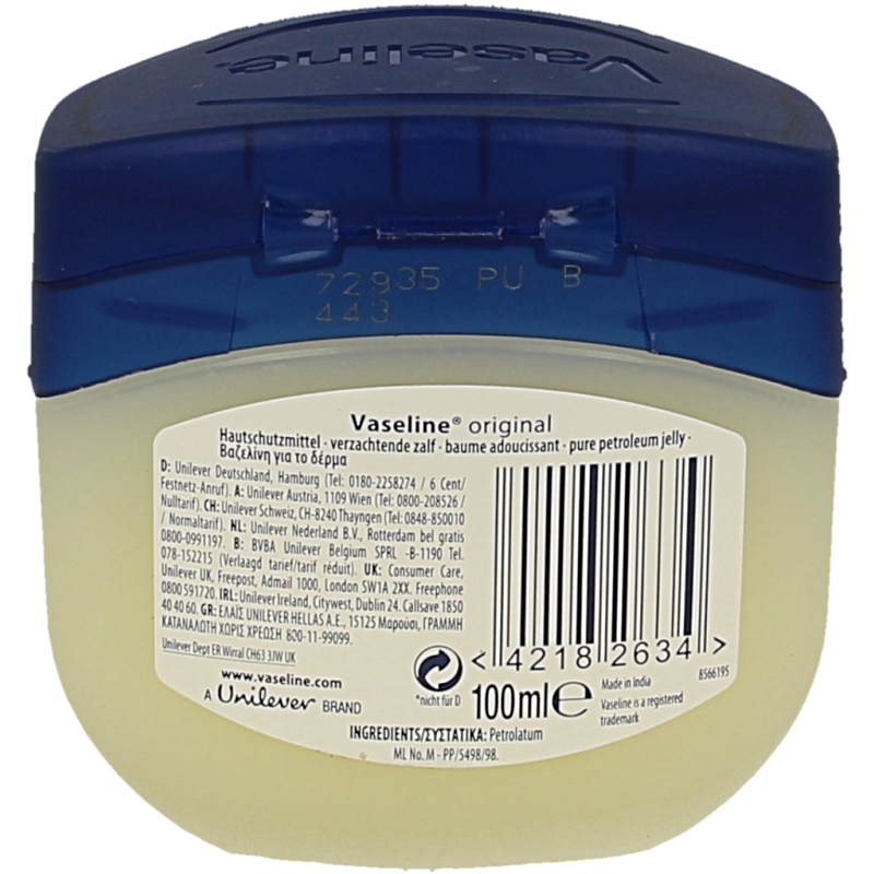 Vaseline petroleum jelly creme 100g container, smooth body moisturizer for soft skin, in a white jar with blue label.
