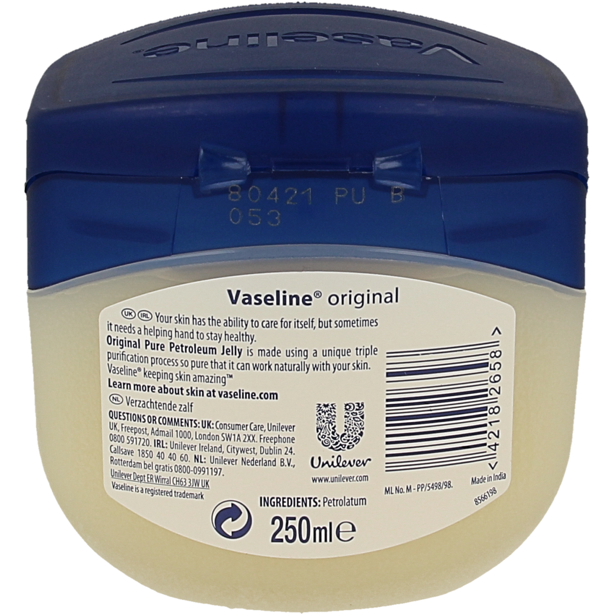 Vaseline petroleum jelly creme in 250ml jar, a moisturizing body care product with smooth, creamy texture for skin hydration.