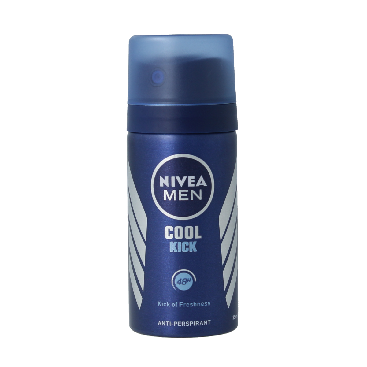 Nivea Men Cool Kick deodorant mini bottle, 35ml, with blue and silver packaging, designed for men's freshness.