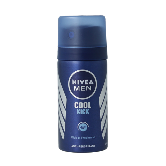 Nivea Men Cool Kick deodorant mini bottle, 35ml, with blue and silver packaging, designed for men's freshness.