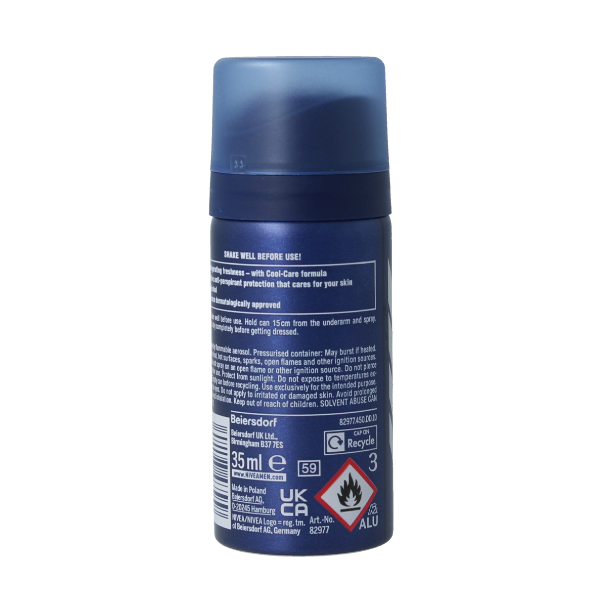 Nivea Men Cool Kick deodorant mini bottle, 35ml, with blue and silver design, shown on a white background.