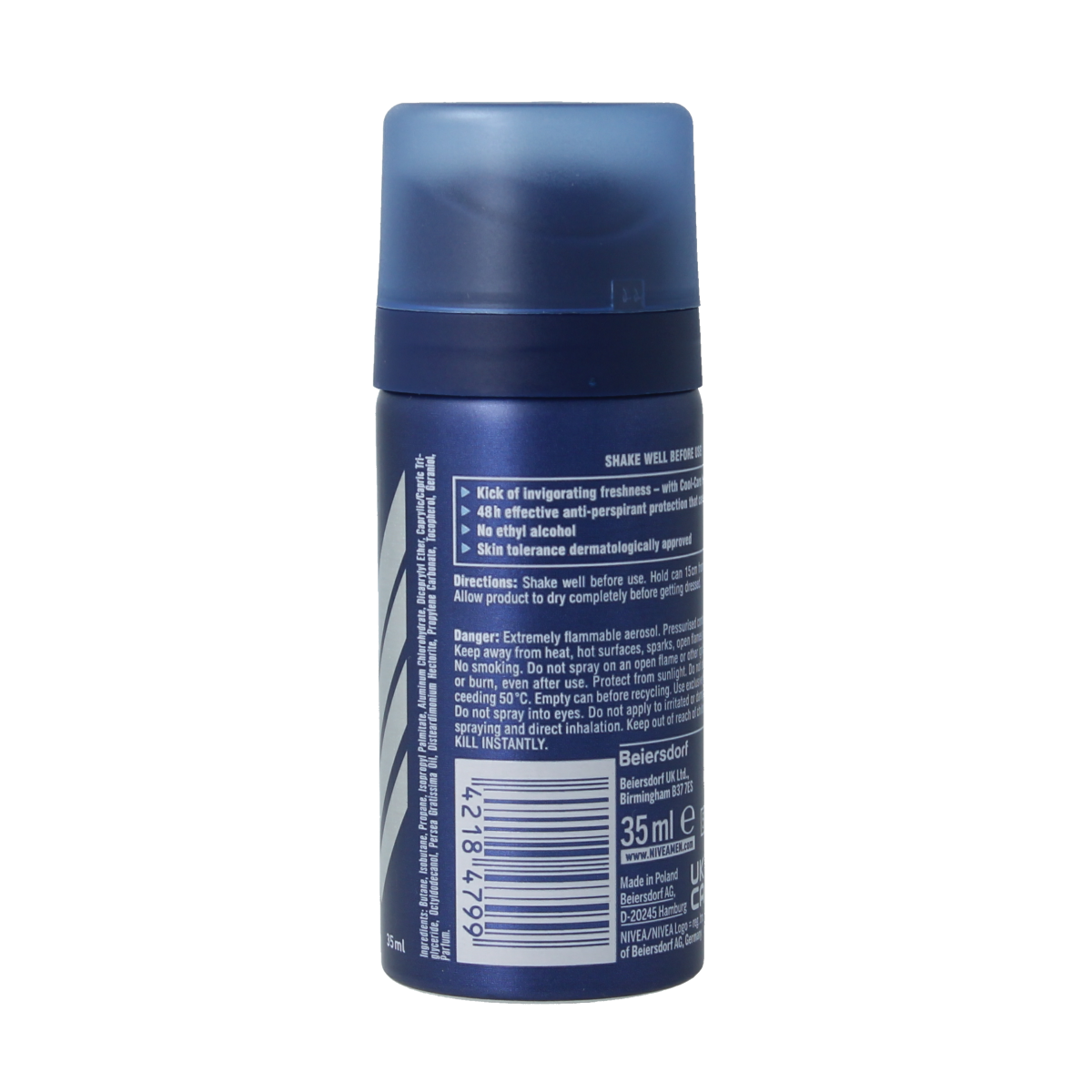Nivea Men Cool Kick deodorant mini spray bottle, 35ml, with blue and silver design and Nivea branding.