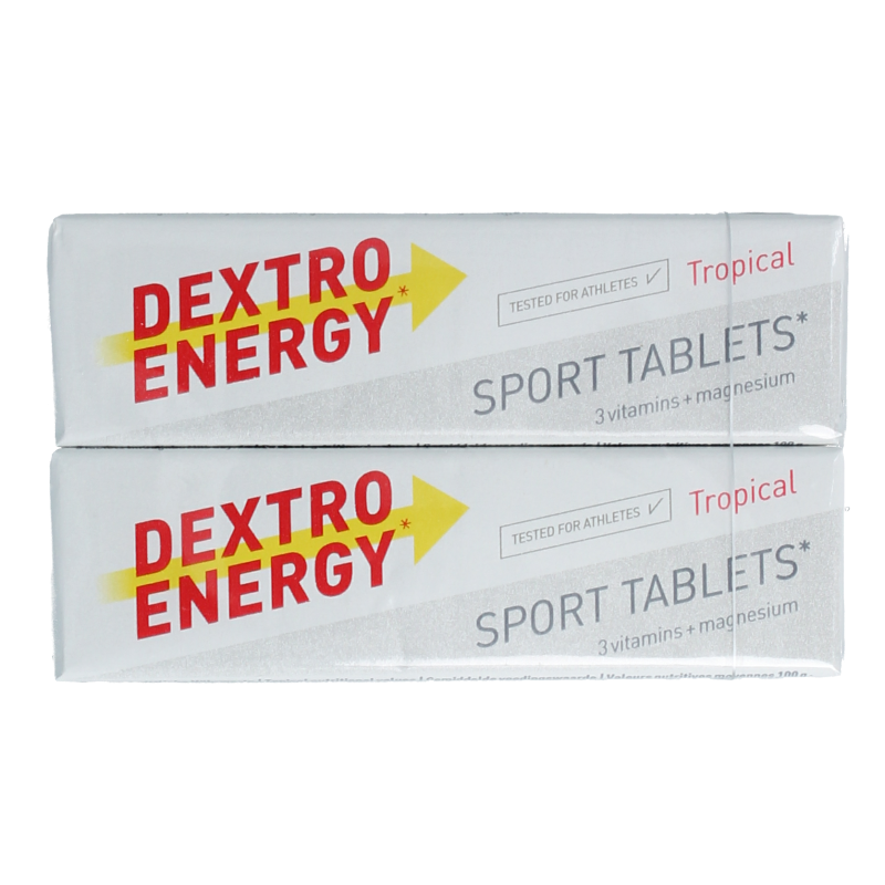 Dextro Sport 2x 14 tablets, colorful sports candy by Dextro, shown in clear packaging with vibrant tablets.