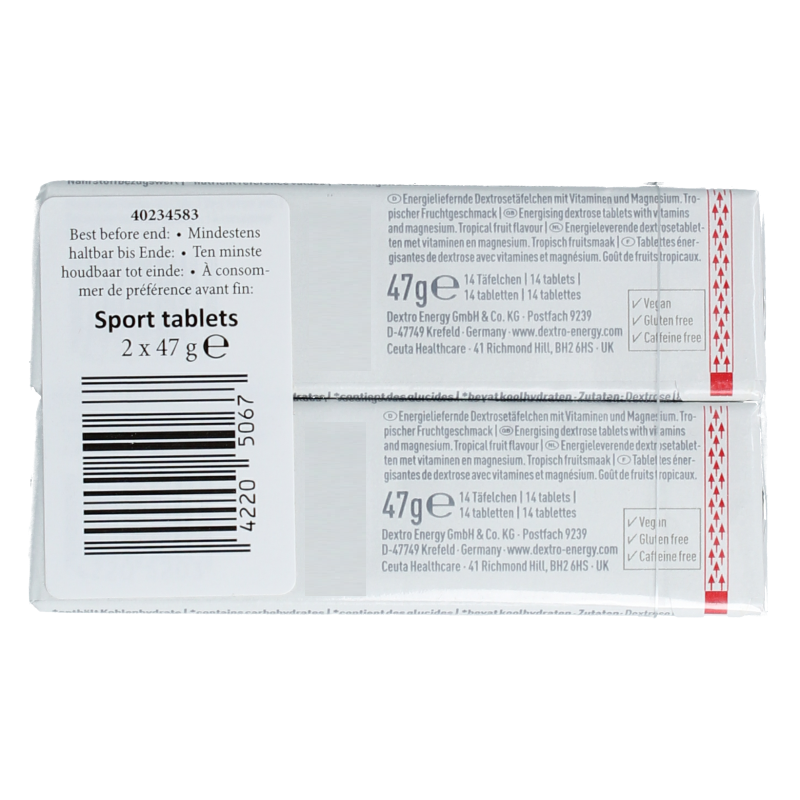 Dextro Sport 2x 14 fruit-flavored chewable tablets, 47g each, in a snack-sized package by Dextro.