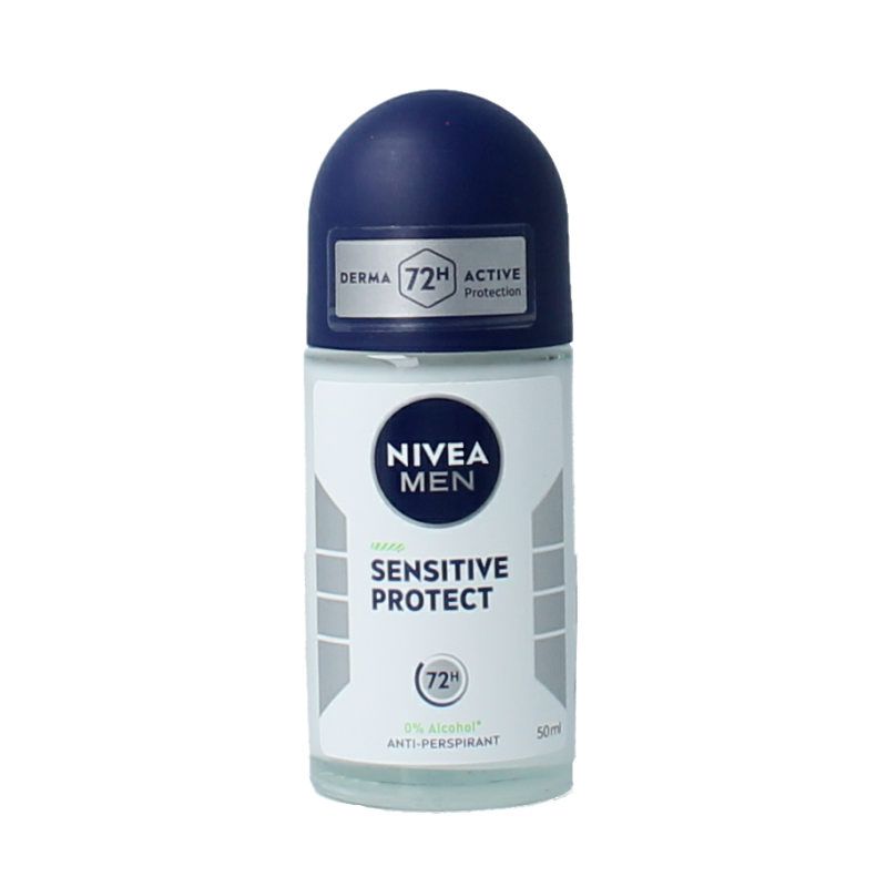 Nivea Men sensitive protect deodorant roller 50ml bottle with smooth rollerball applicator on white background