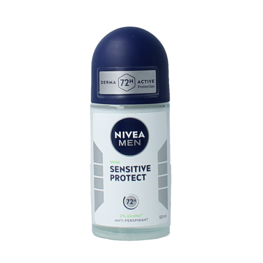 Nivea Men sensitive protect deodorant roller 50ml bottle with smooth rollerball applicator on white background