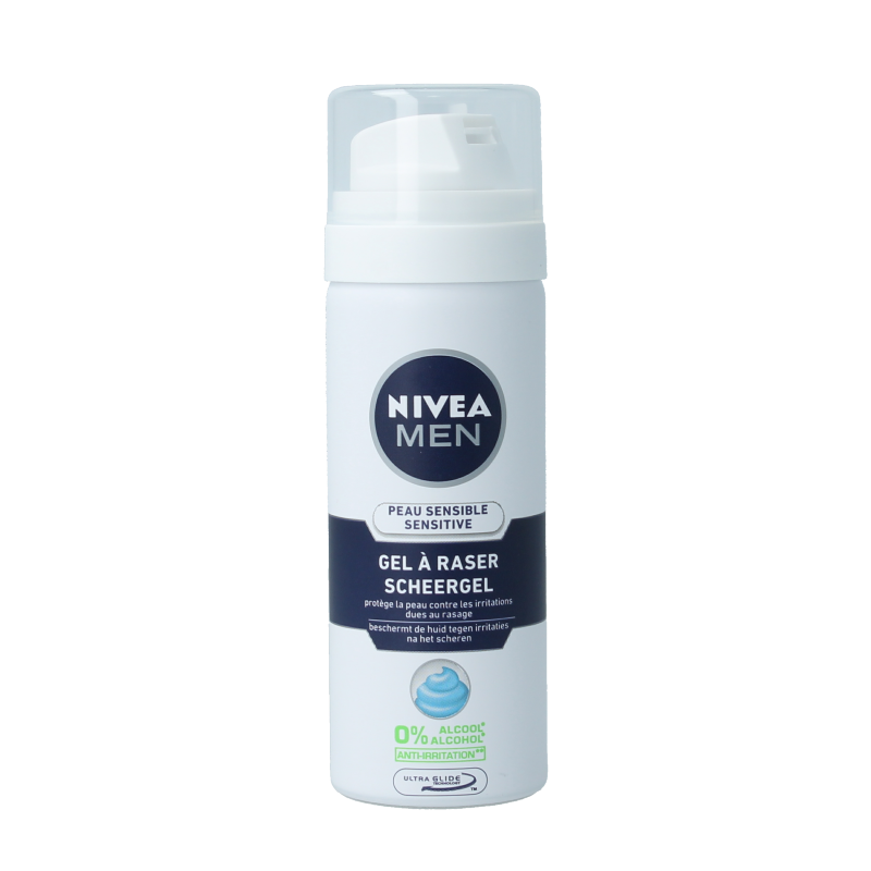 Nivea Men Sensitive shaving gel in a 30ml mini tube, suitable for sensitive skin, with a smooth, clear gel texture.