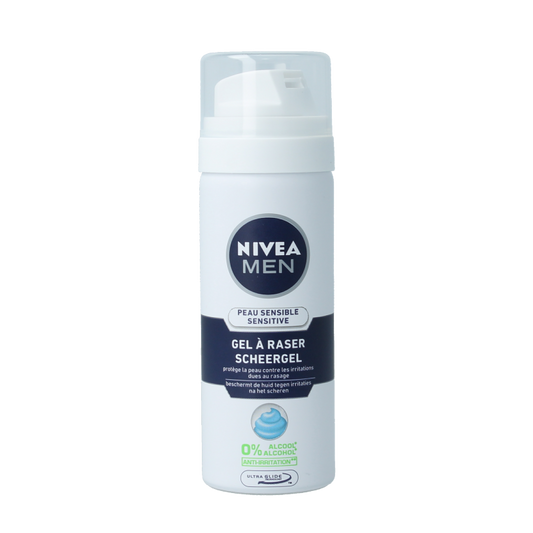 Nivea Men Sensitive shaving gel in a 30ml mini tube, suitable for sensitive skin, with a smooth, clear gel texture.