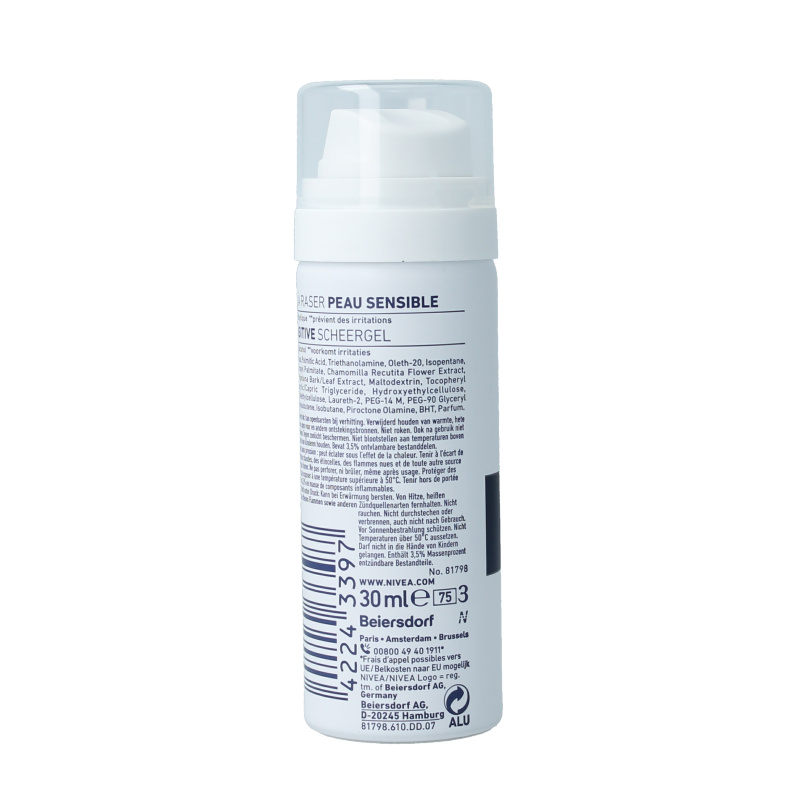 Nivea Men Sensitive Scheren en Ontharen scheergel mini 30ml tube, gentle formula for sensitive skin, product image.