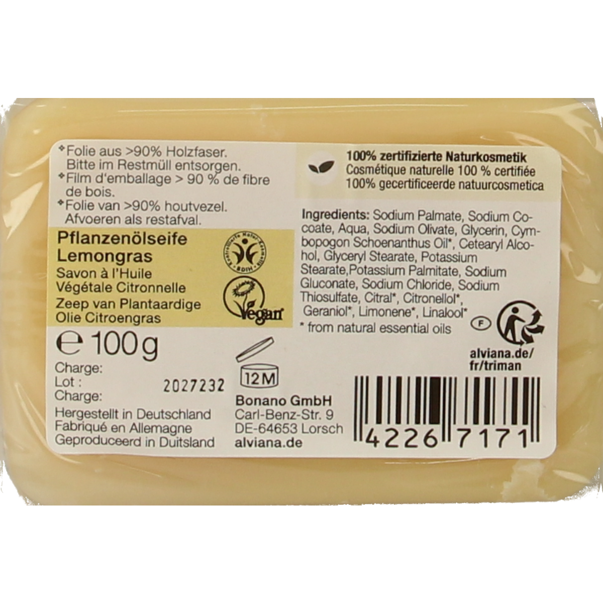 Alviana Citroengras soap bar, 100 grams, with fresh citrus and herbal scent, shown in a close-up image.