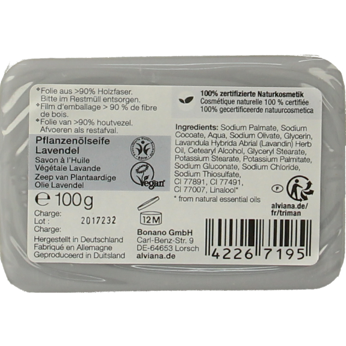 Alviana Lavendelzeep bar, 100g, natural lavender soap with purple and white packaging, showcasing a soothing floral design.