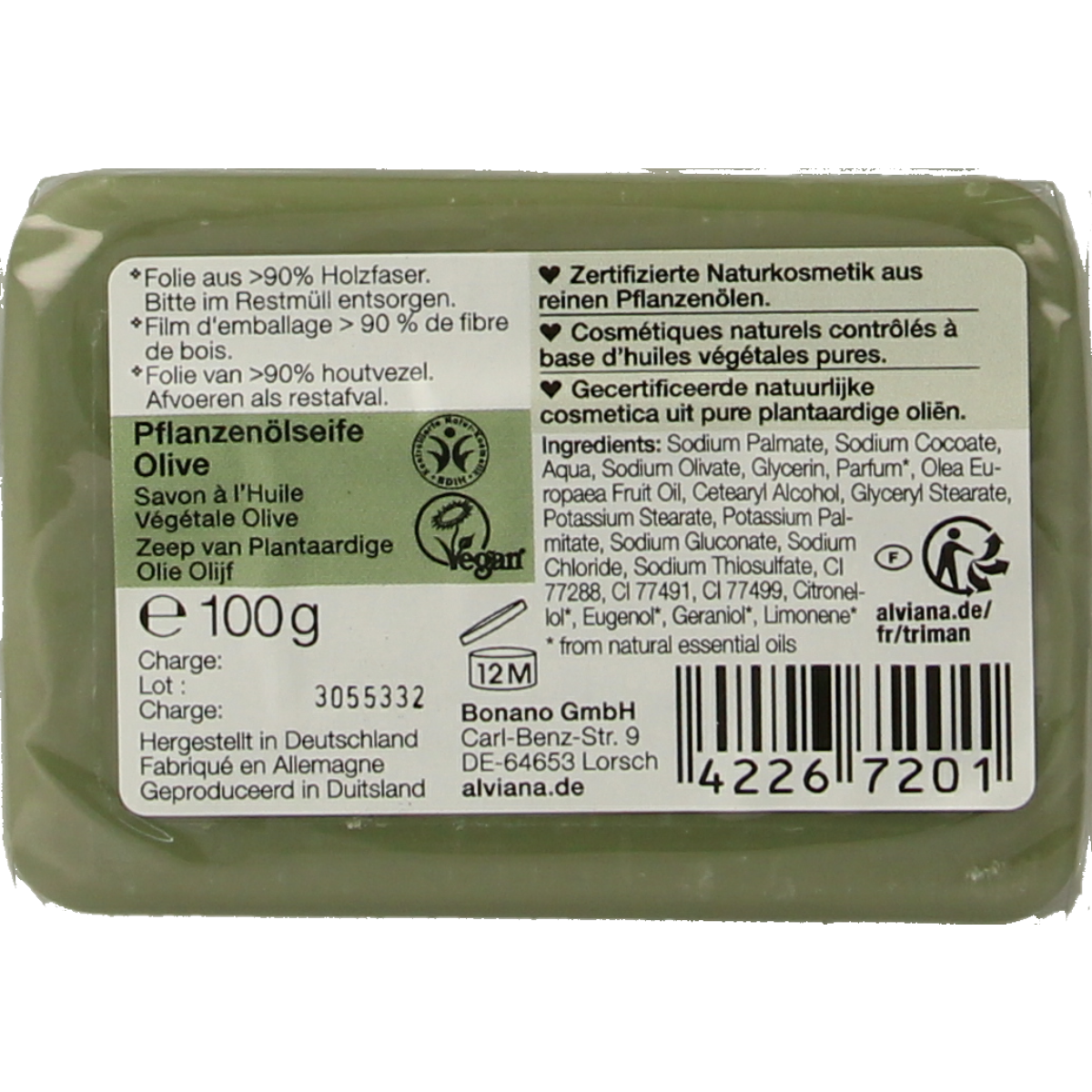 Alviana Olijfzeep in a 100g bar, natural olive soap with a rustic appearance and textured surface, suitable for gentle cleansing.