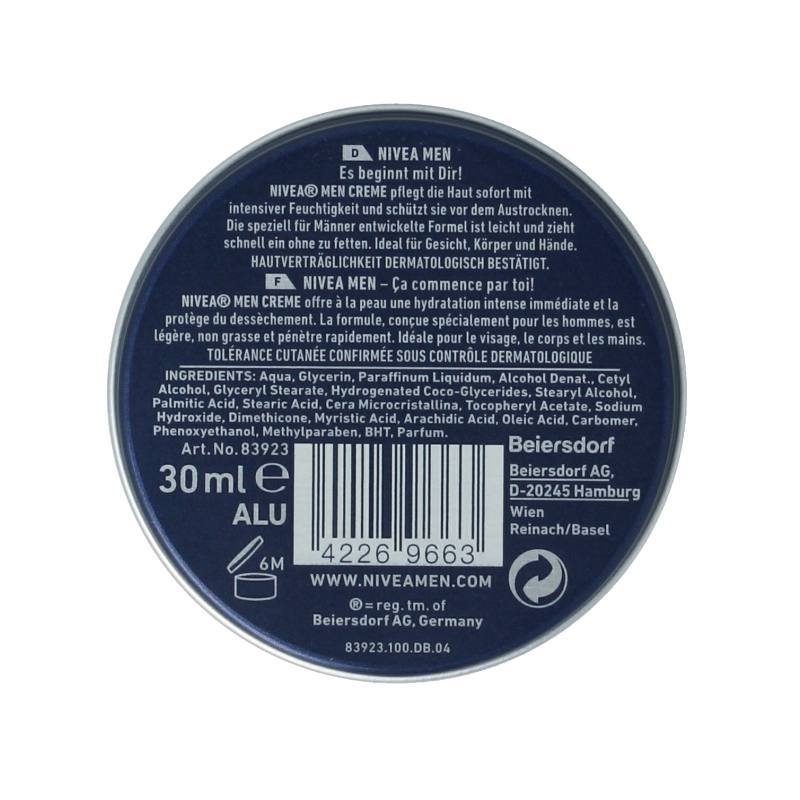 Nivea Men face cream in a 30ml metal tin, designed for men's facial skincare with a smooth, creamy texture.
