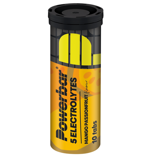 Powerbar Mango Passionfruit electrolyte tablets for sports hydration, showing a pack of 10 flavored electrolyte supplement tablets.