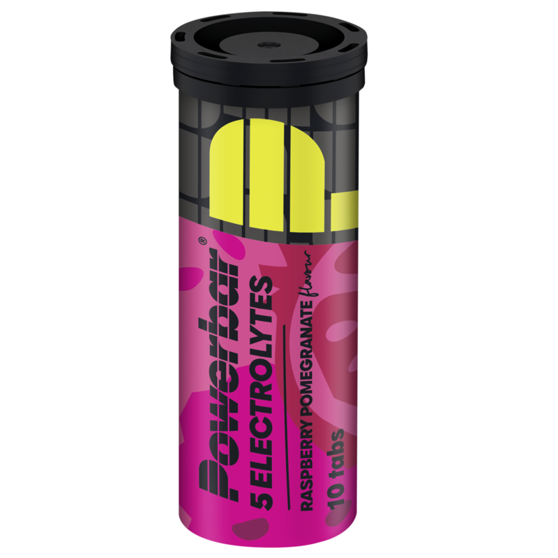 Powerbar Electrolyte tabs raspberry pomegranate flavor, sports nutrition supplement, close-up of the product packaging.