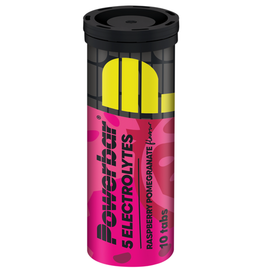 Powerbar Electrolyte tabs raspberry pomegranate flavor, sports nutrition supplement, close-up of the product packaging.