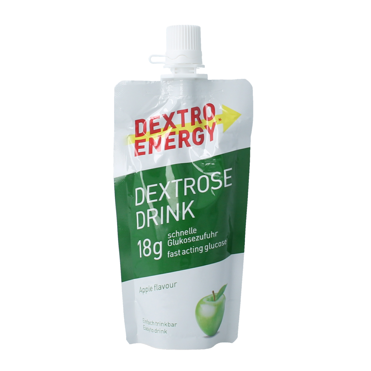 Dextro Apple Drink bottle, 50ml, in clear packaging with a label showing apple images and branding for beverages and juices.