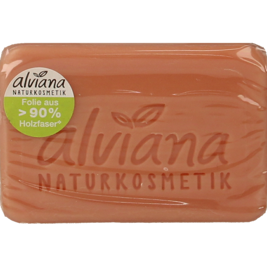 Alviana Granaatappel zeep bar, 100g, with vibrant red and pink packaging, showcasing natural ingredients and citrus scent.