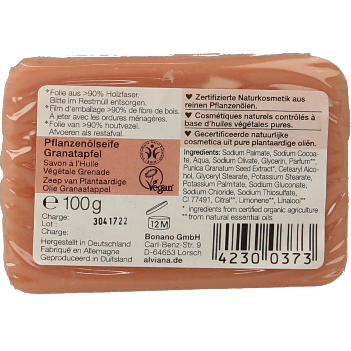 Alviana Granaatappel zeep bar, 100g, with vibrant red and pink soap showing pomegranate ingredients and fresh texture.