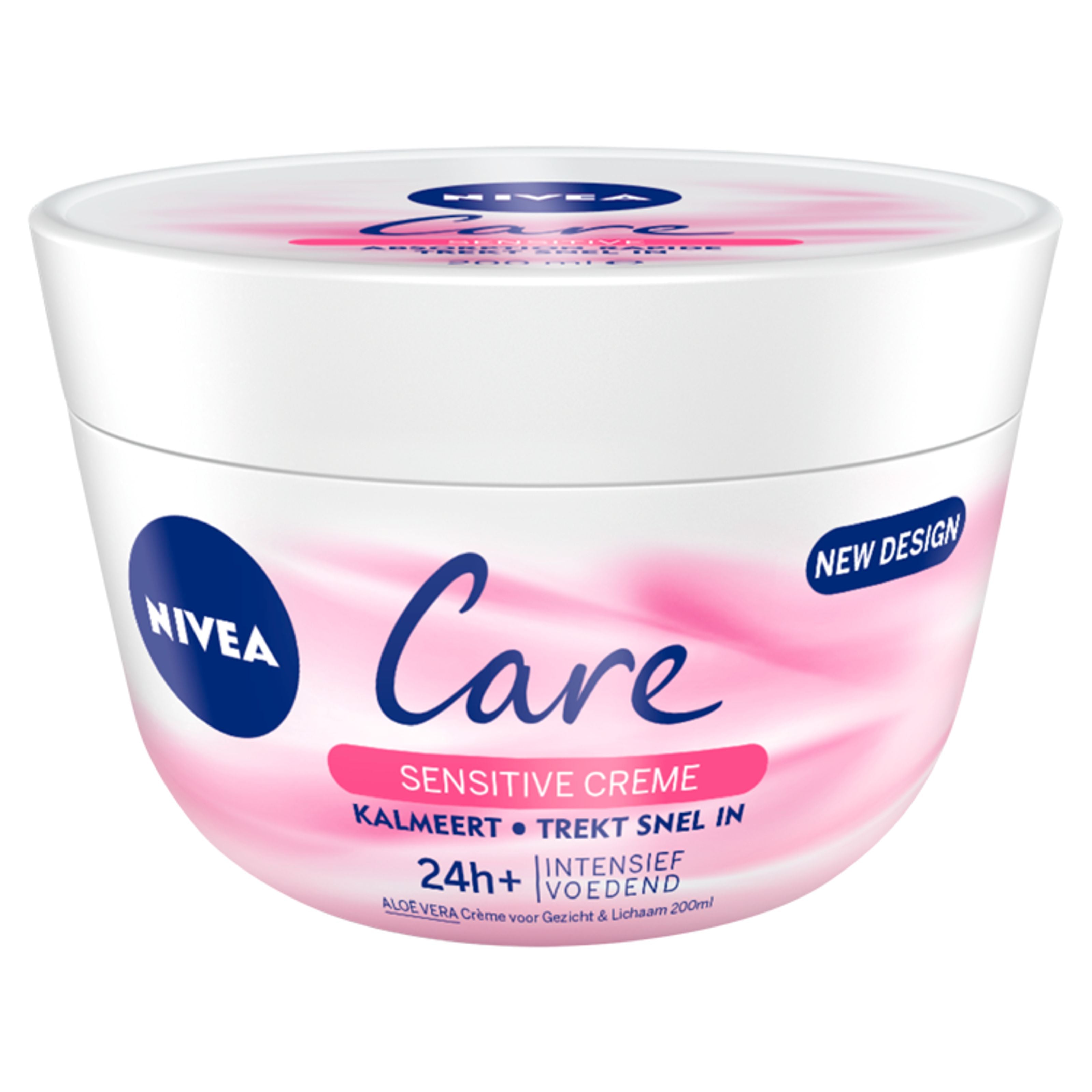 Nivea Care Sensitive body cream in 200ml jar, moisturizing and gentle for sensitive skin, with a smooth, creamy texture.
