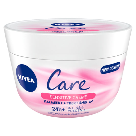 Nivea Care Sensitive body cream in 200ml jar, moisturizing and gentle for sensitive skin, with a smooth, creamy texture.