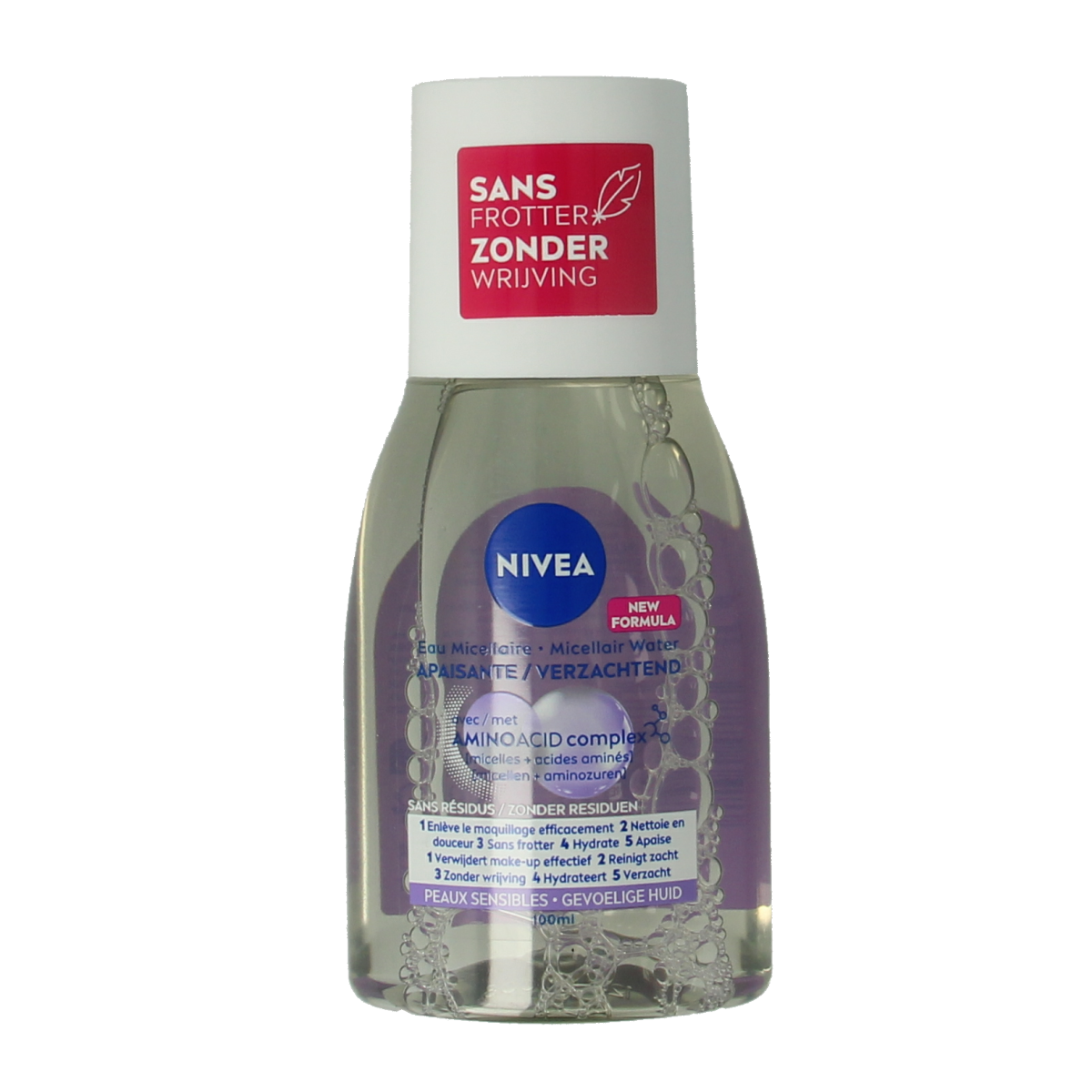 Nivea Micellar Water 100ml for facial cleansing, gentle skincare product in a clear plastic bottle with a blue cap.