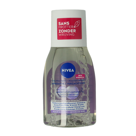 Nivea Micellar Water 100ml for facial cleansing, gentle skincare product in a clear plastic bottle with a blue cap.