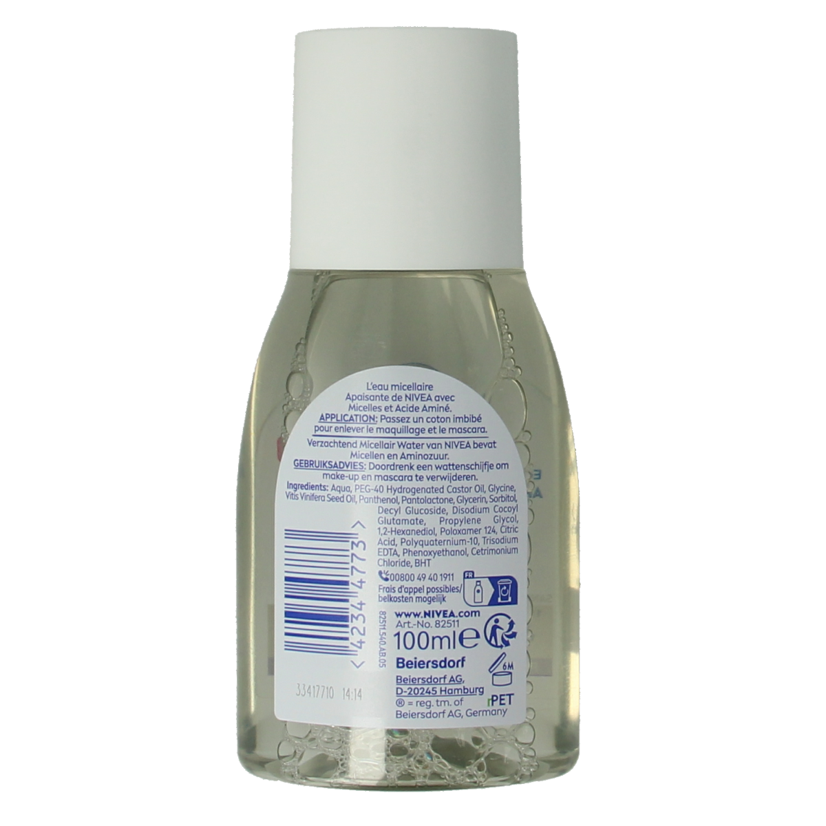 Nivea Micellar Water 100ml bottle for facial skincare, clear liquid in a white cap bottle with blue and white label.