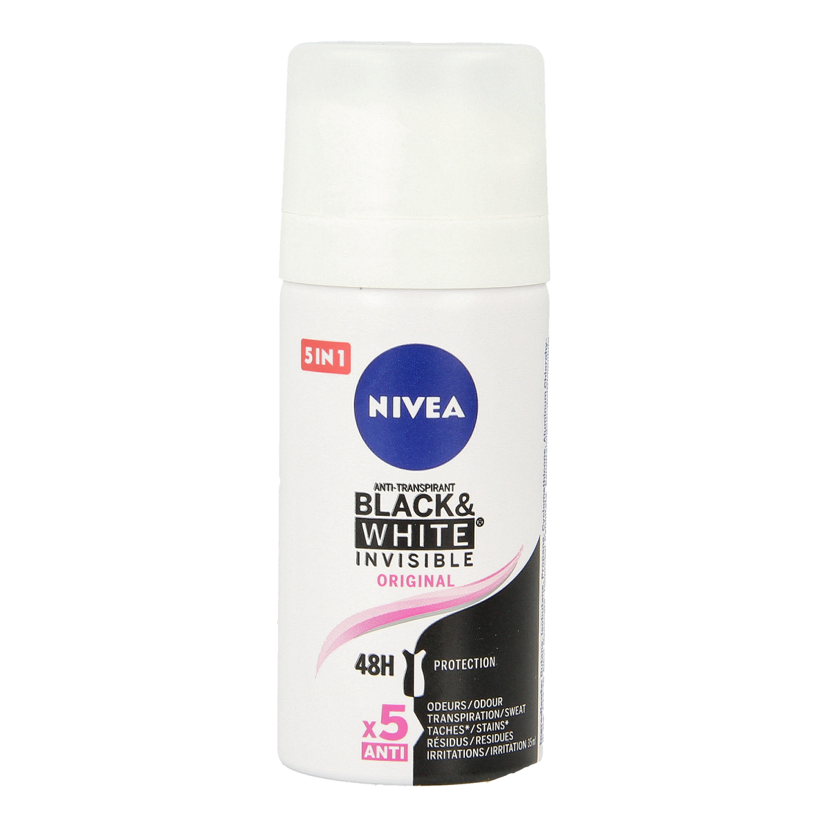 Nivea Black & White Invisible Mini Deodorant Spray, 35ml, compact bottle with spray nozzle and black and white packaging.