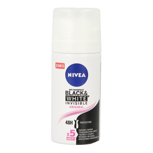 Nivea Black & White Invisible Mini Deodorant Spray, 35ml, compact bottle with spray nozzle and black and white packaging.
