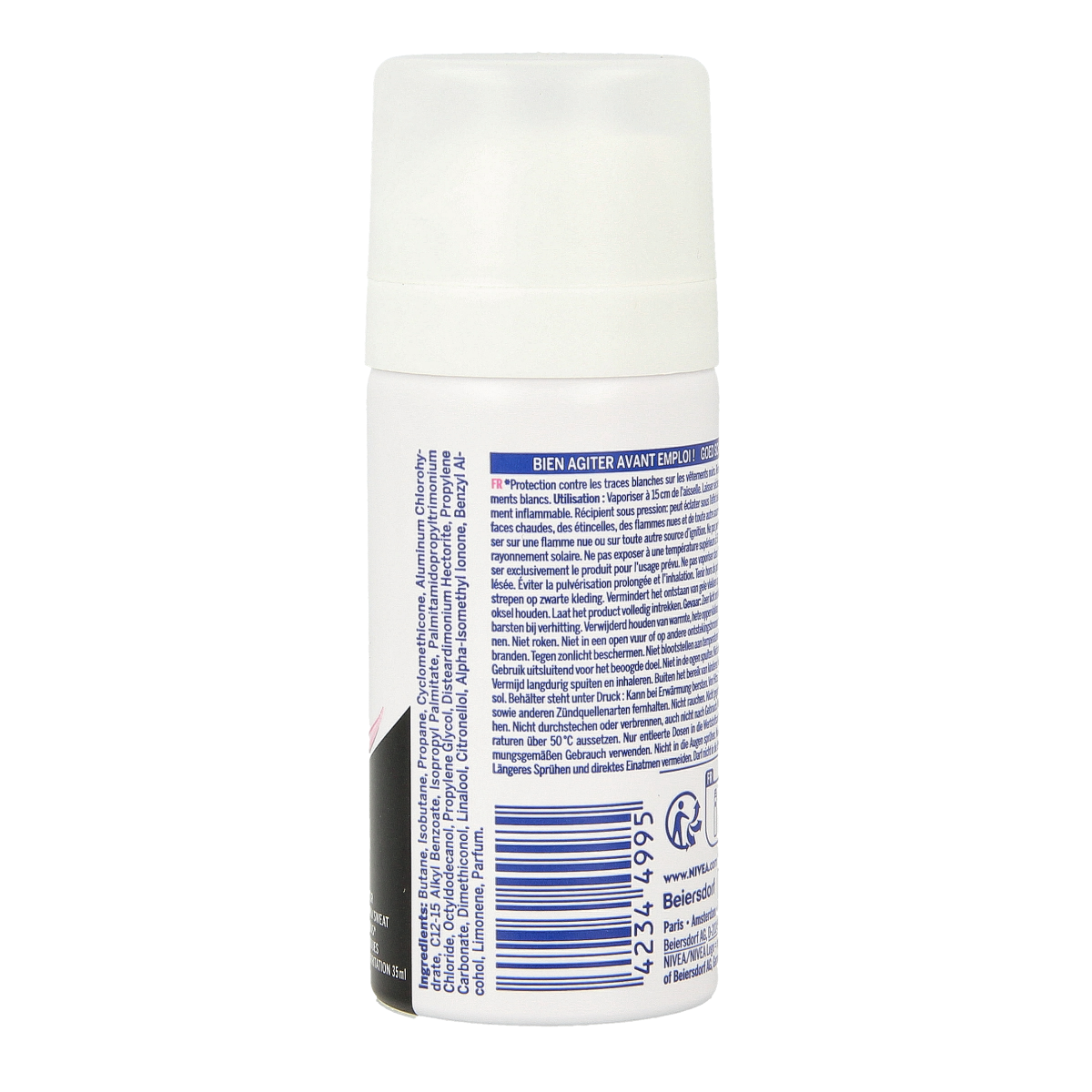 Nivea Black & White Invisible Deodorant Spray mini 35ml with clear spray nozzle and black and white branding on the bottle.