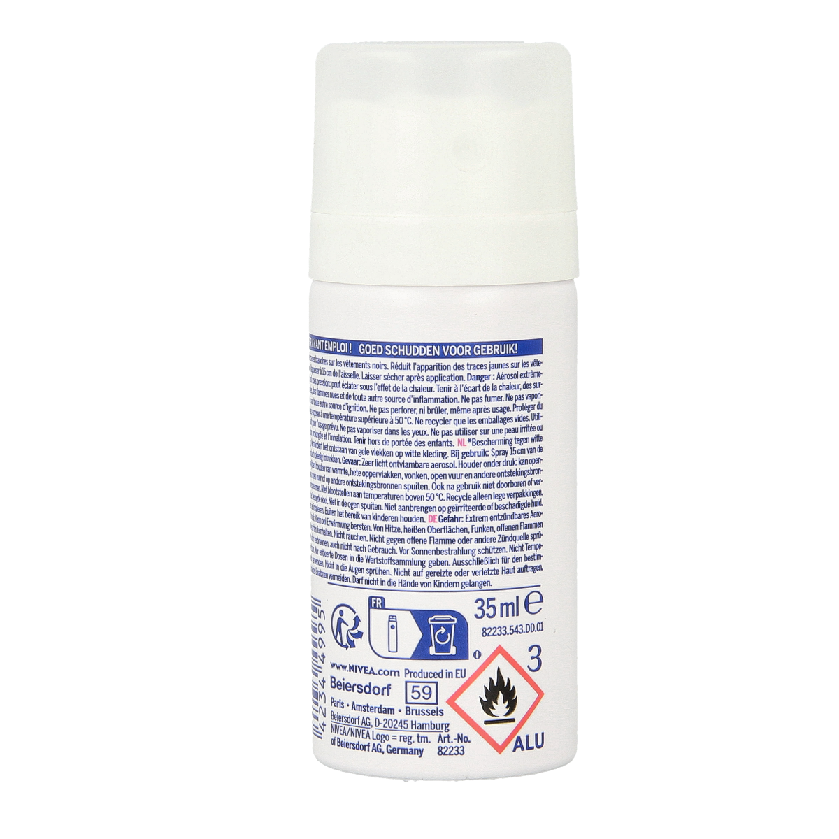 Nivea Black & White Invisible Mini Deodorant Spray, 35ml, compact bottle with a black and white design.