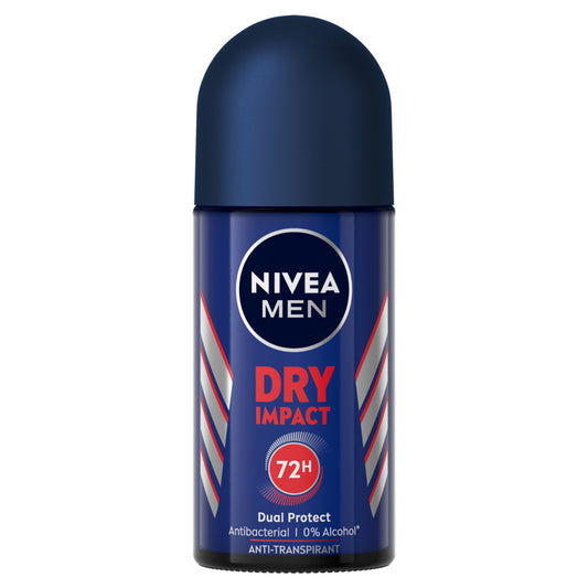Nivea Men Dry Impact deodorant roller in 50ml bottle, featuring a sleek design and roll-on applicator for fresh scent and odor protection.