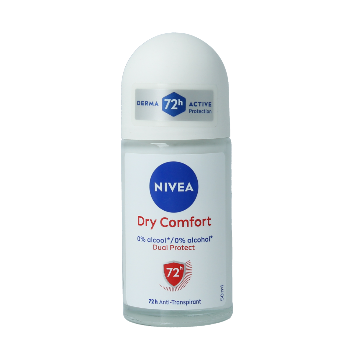 Nivea Dry Comfort female deodorant roller in 50ml bottle, featuring a sleek white container with Nivea branding.