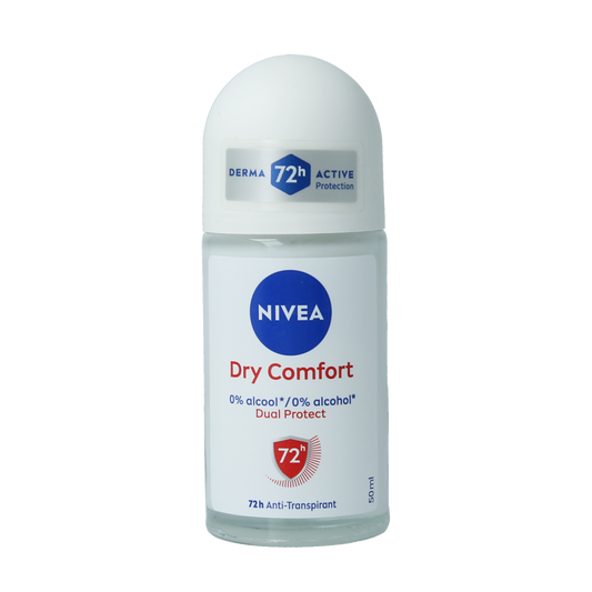 Nivea Dry Comfort female deodorant roller in 50ml bottle, featuring a sleek white container with Nivea branding.