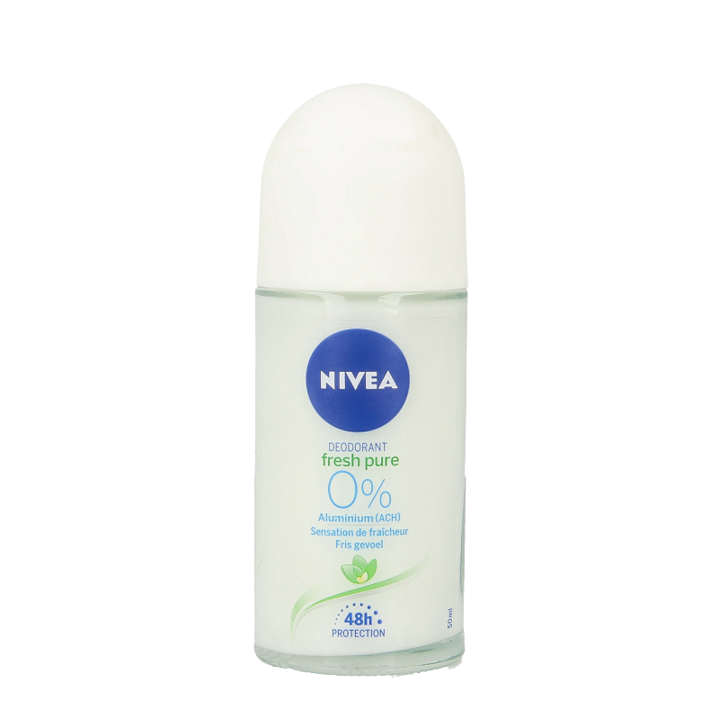 Nivea Pure & Natural deodorant roller in 50ml, showing the white roller bottle with blue and green accents.