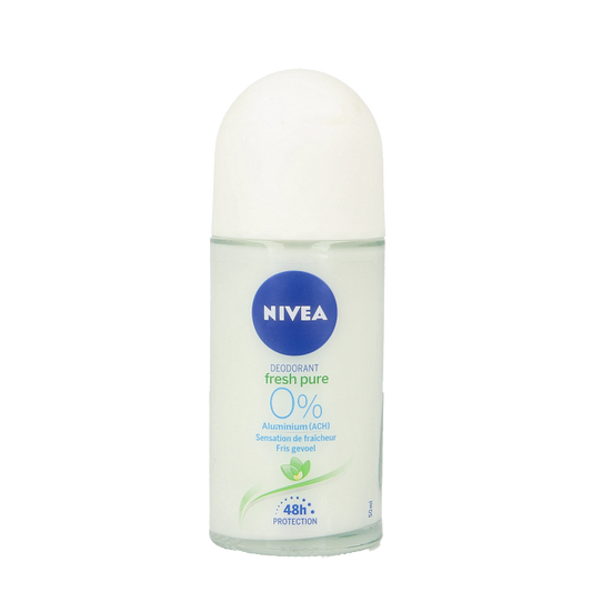 Nivea Pure & Natural deodorant roller in 50ml, showing the white roller bottle with blue and green accents.