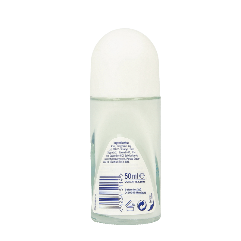 Nivea Pure & Natural deodorant roller, 50ml, in a white and blue bottle with a rollerball applicator.