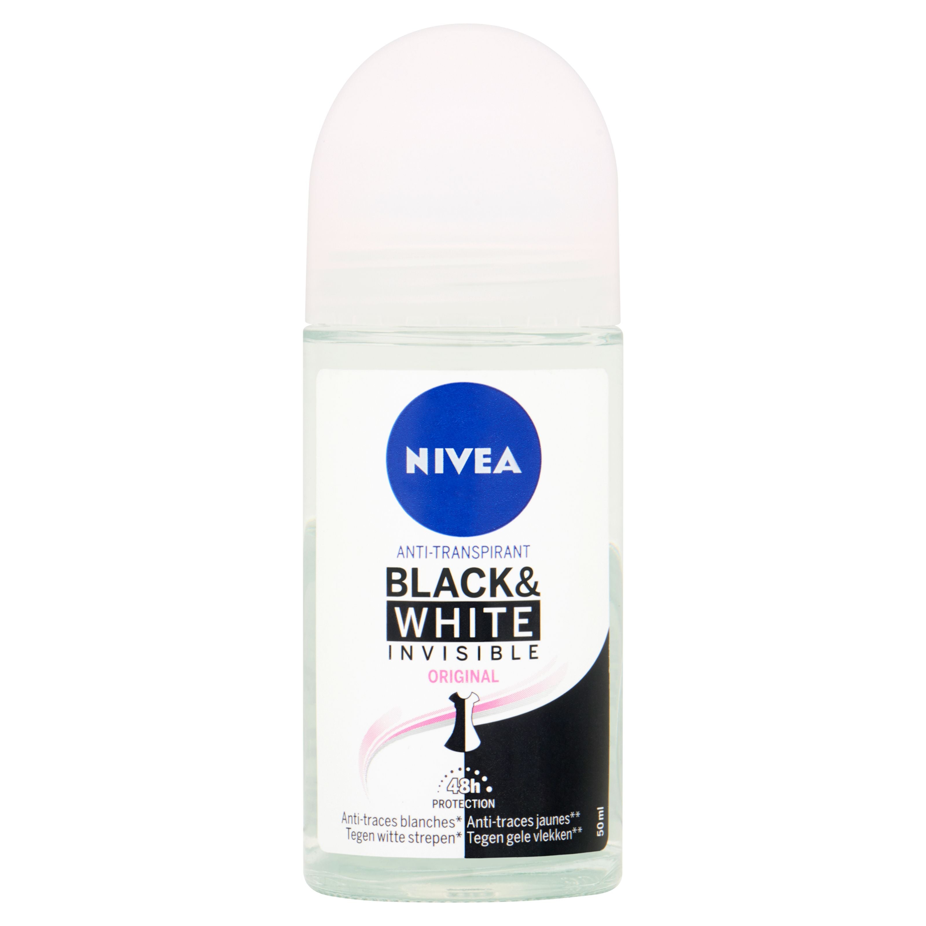 Nivea Invisible Black & White Roll-On Deodorant in 50ml bottle, clear formula for odor protection and stain prevention.