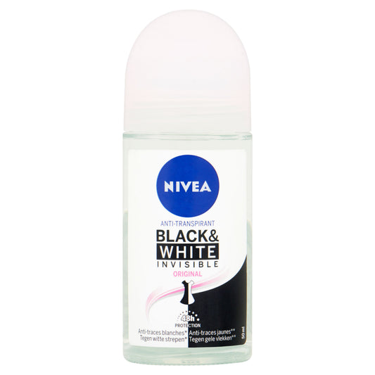 Nivea Invisible Black & White Roll-On Deodorant in 50ml bottle, clear formula for odor protection and stain prevention.