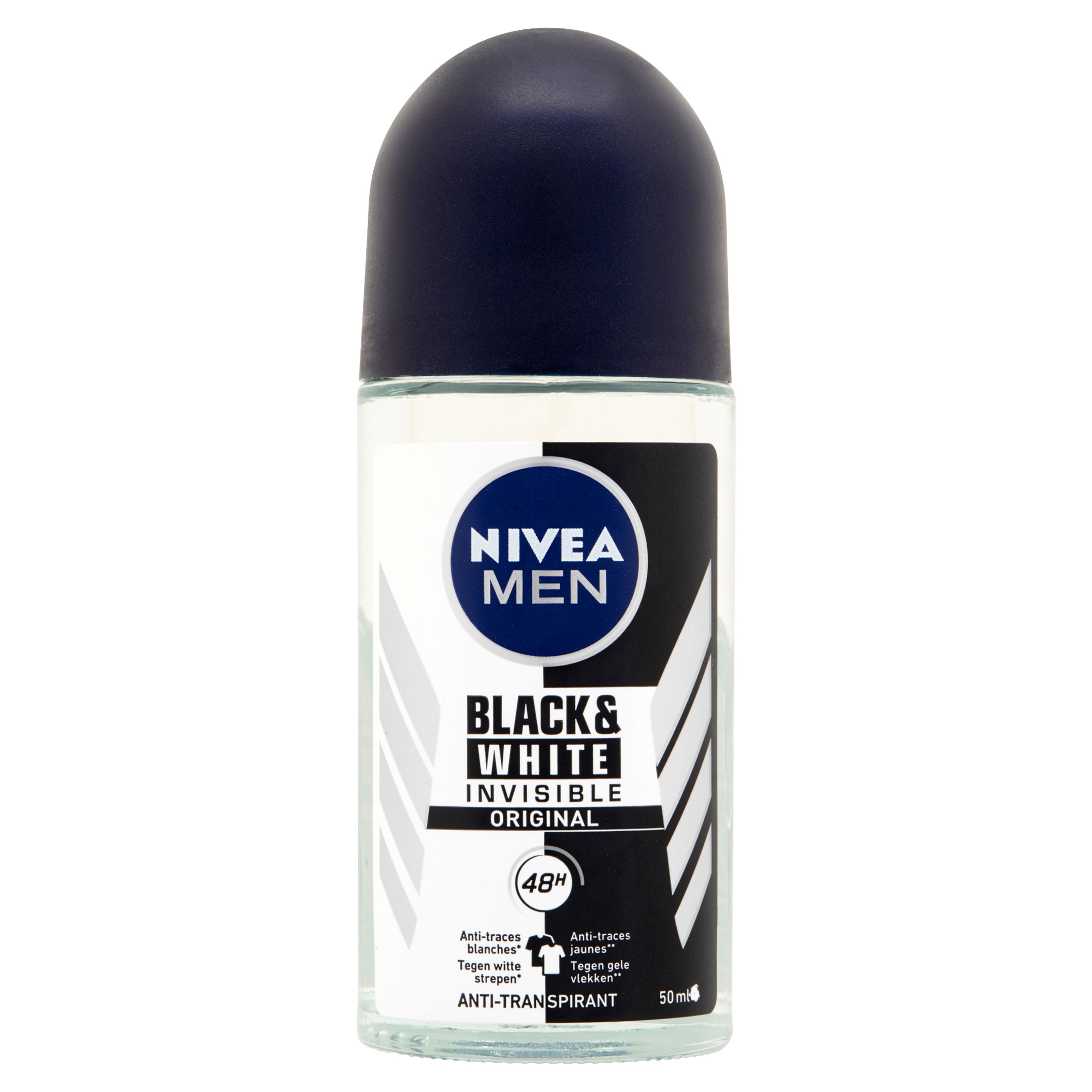 Nivea Men Invisible Black Deodorant Roller, 50ml, deodorant stick with clear formula for black clothing protection
