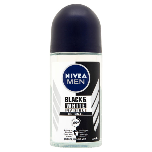 Nivea Men Invisible Black Deodorant Roller, 50ml, deodorant stick with clear formula for black clothing protection