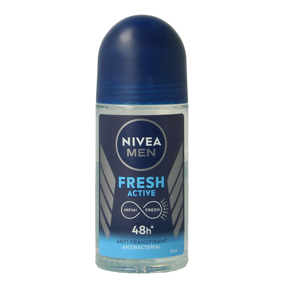 Nivea Men Fresh Active deodorant roller bottle, 50ml, with white and blue design, showing the deodorant product ready for use.