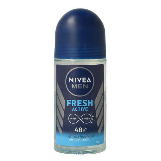 Nivea Men Fresh Active deodorant roller bottle, 50ml, with white and blue design, showing the deodorant product ready for use.