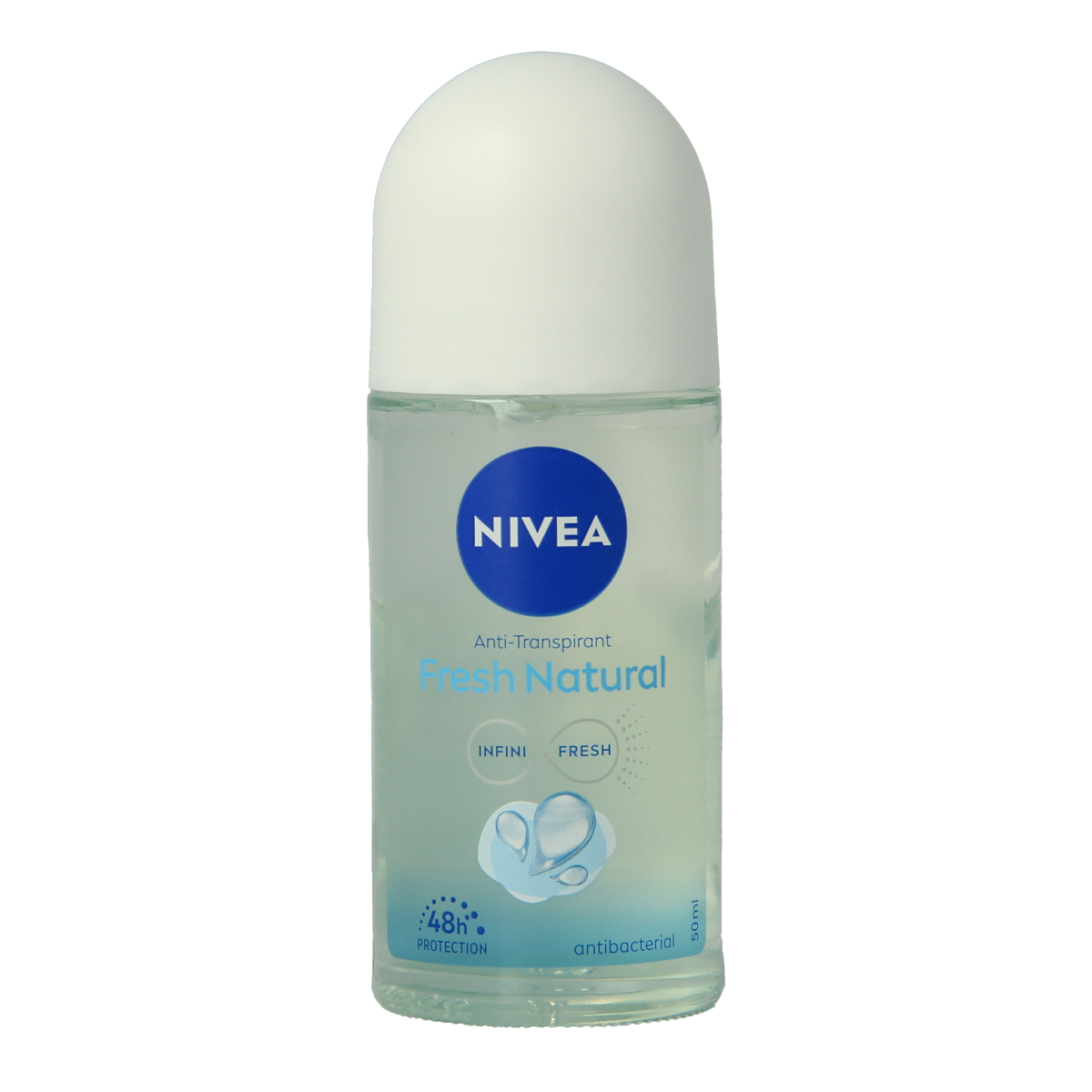 Nivea Fresh Roll-On Deodorant 50ml bottle with white cap and clear label, designed for underarm freshness and odor protection.