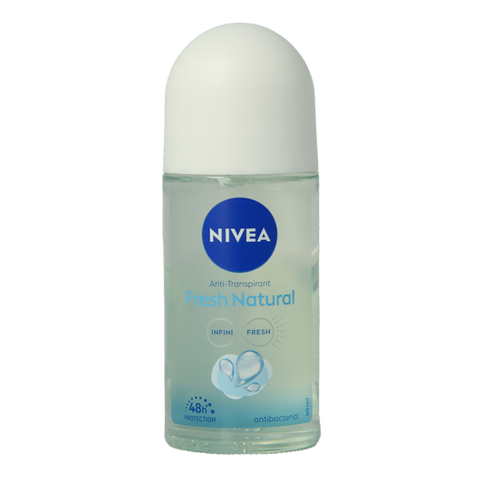 Nivea Fresh Roll-On Deodorant 50ml bottle with white cap and clear label, designed for underarm freshness and odor protection.