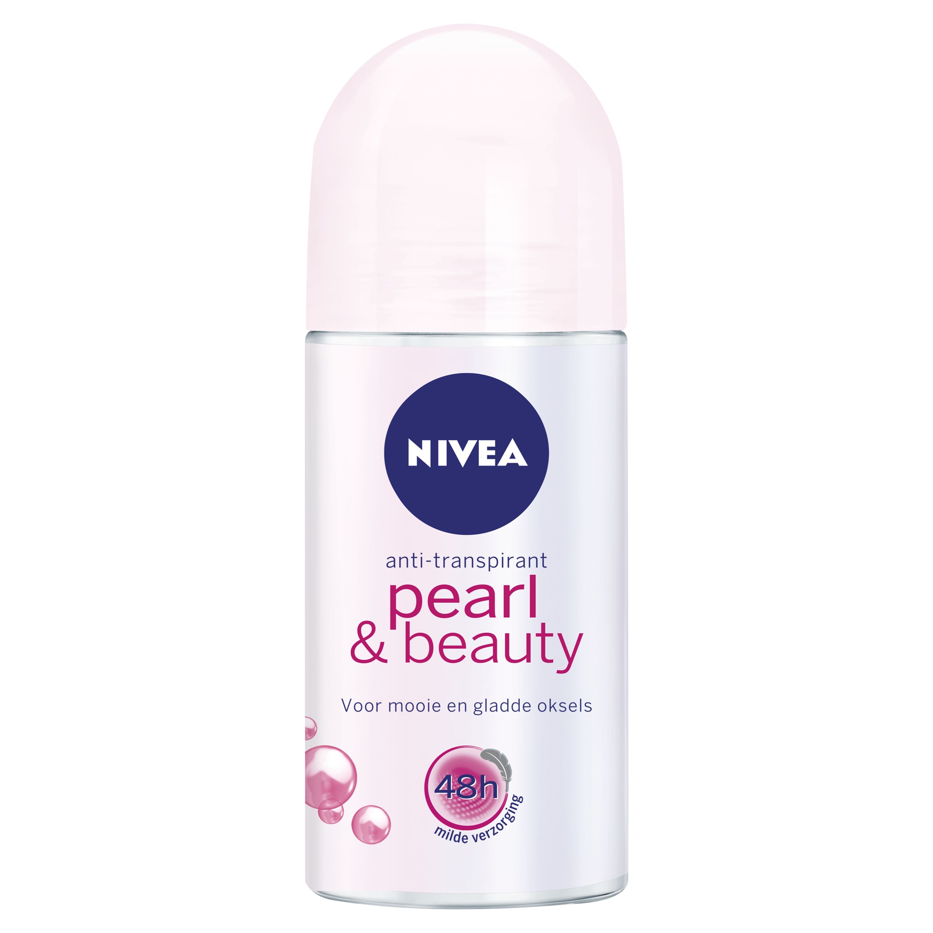 Nivea Pearl & Beauty deodorant roller, 50ml, featuring a smooth white bottle with blue accents and a rollerball applicator.