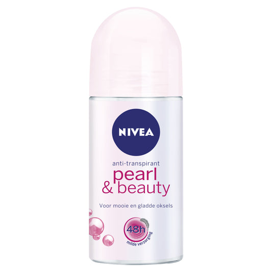 Nivea Pearl & Beauty deodorant roller, 50ml, featuring a smooth white bottle with blue accents and a rollerball applicator.